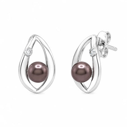 925 Sterling Silver Rhodium Plated Open Teardrop Center Black Pearl Stud Set