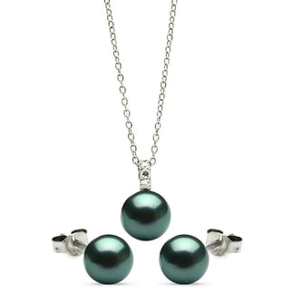 925 Sterling Silver Rhodium Plated Dark Teal Stud Earring and Necklace Set