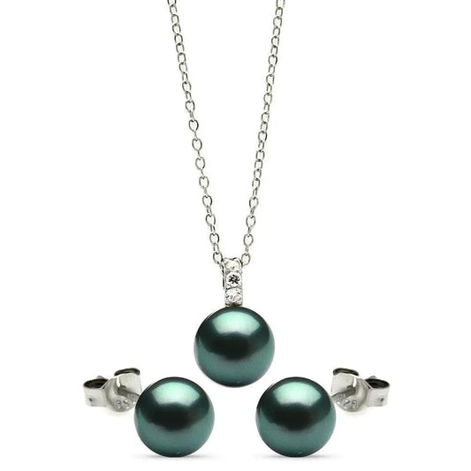 925 Sterling Silver Rhodium Plated Dark Teal Stud Earring and Necklace Set