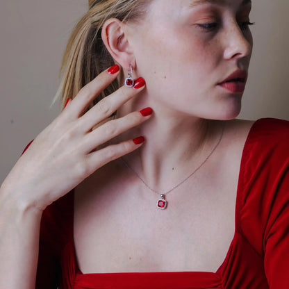 925 Sterling Silver Rhodium Plated Red and Clear Square CZ Set