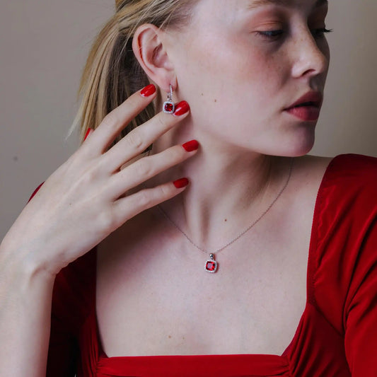 925 Sterling Silver Rhodium Plated Red and Clear Square CZ Set