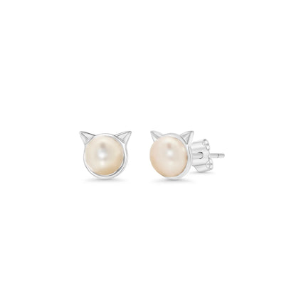 925 Sterling Silver Rhodium Plated 8.2mm x 7.4mm Synthetic Pearl Cat Ear Stud Earring