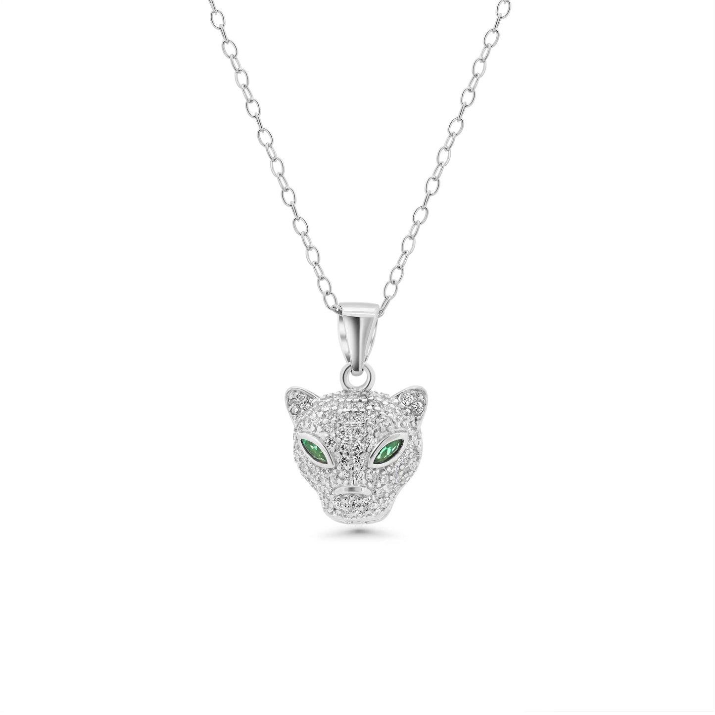 925 Sterling Silver Rhodium Plated Panther Emerald Eye Clear CZ Set