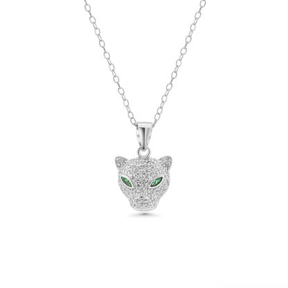 925 Sterling Silver Rhodium Plated Panther Emerald Eye Clear CZ Set