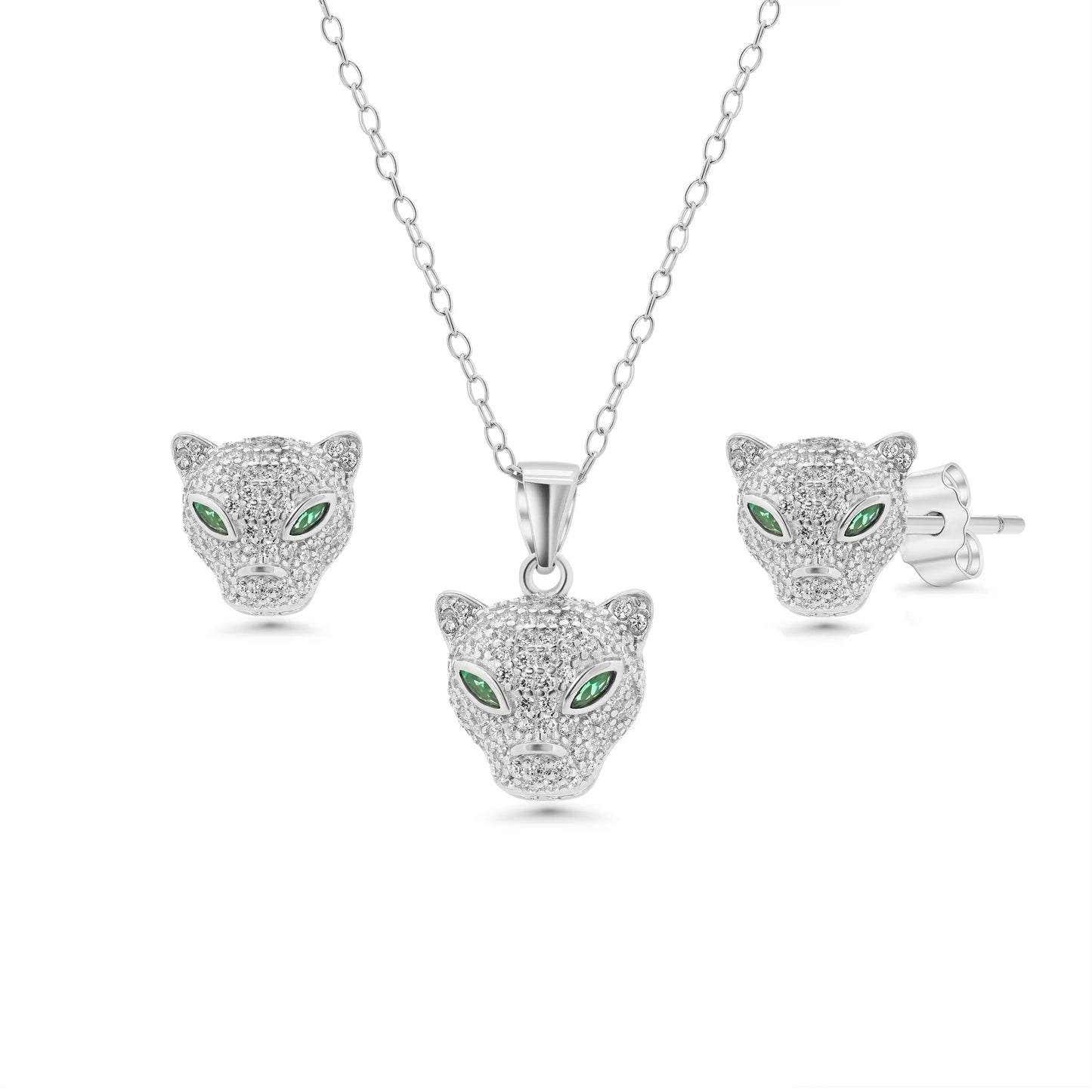 925 Sterling Silver Rhodium Plated Panther Emerald Eye Clear CZ Set