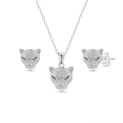 925 Sterling Silver Rhodium Plated Panther Emerald Eye Clear CZ Set