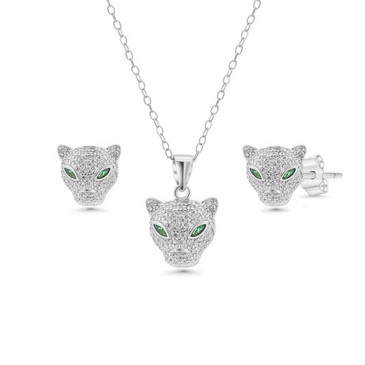 925 Sterling Silver Rhodium Plated Panther Emerald Eye Clear CZ Set