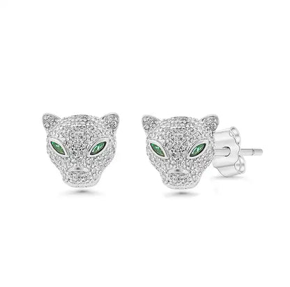 925 Sterling Silver Rhodium Plated Panther Emerald Eye Clear CZ Set