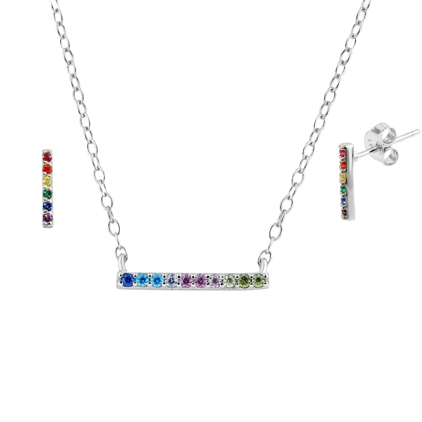 925 Sterling Silver Rhodium Plated Rainbow Multi Color CZ Bar Necklace & Earring Set