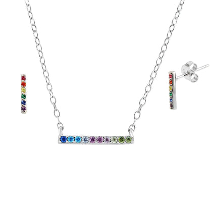 925 Sterling Silver Rhodium Plated Rainbow Multi Color CZ Bar Necklace & Earring Set