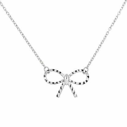 925 Sterling Silver Rhodium Plated Diamond Cut Dainty Ribbon Bow Necklace