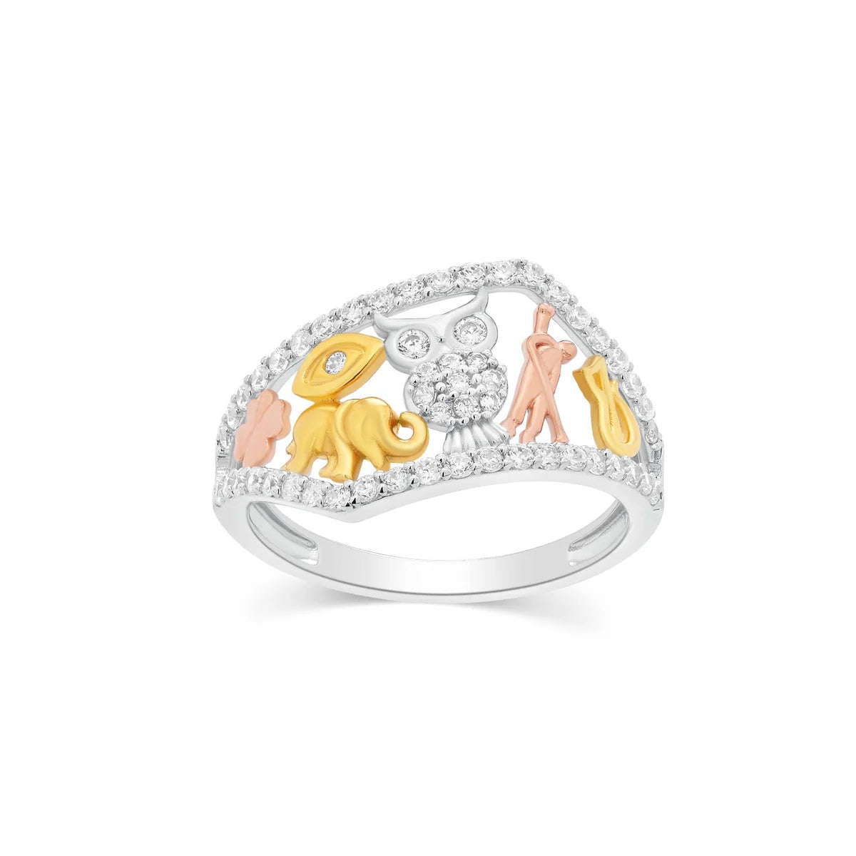 925 Sterling Silver Tri-Tone Plated Multi Charms Clear CZ Ring