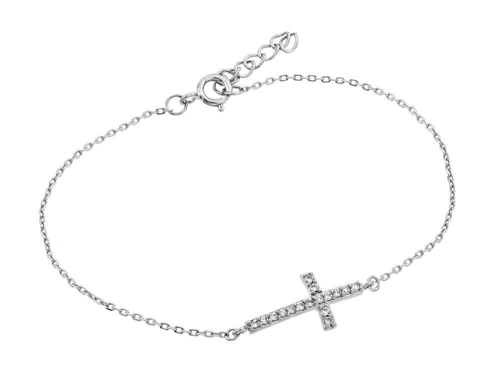 925 Sterling Silver Rhodium Plated Sideways Cross CZ Bracelet