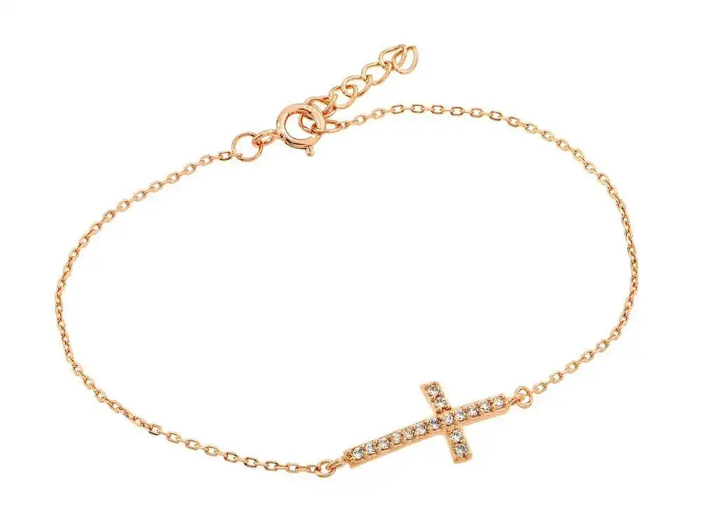 925 Sterling Silver Rose Gold Plated Sideways Cross CZ Bracelet