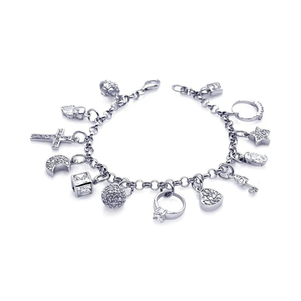 925 Sterling Silver Rhodium Plated Multiple Charm Bracelet