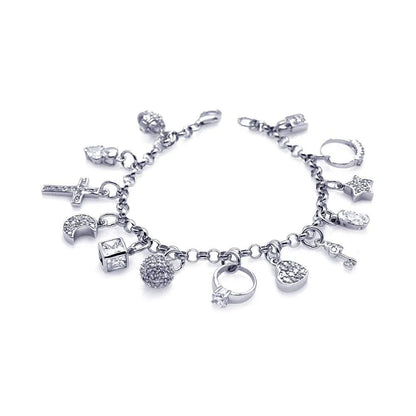 925 Sterling Silver Rhodium Plated Multiple Charm Bracelet