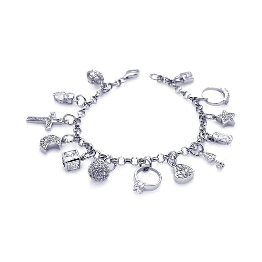 925 Sterling Silver Rhodium Plated Multiple Charm Bracelet