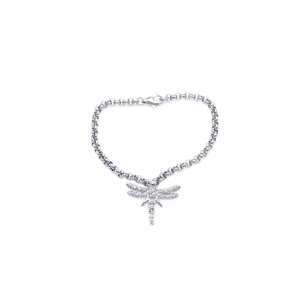 925 Sterling Silver Rhodium Plated Clear CZ Dragonfly Bracelet