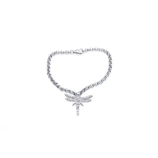 925 Sterling Silver Rhodium Plated Clear CZ Dragonfly Bracelet