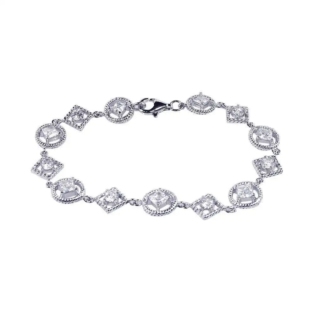 925 Sterling Silver Rhodium Plated Multi Shape Clear CZ Bracelet