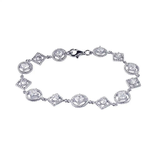 925 Sterling Silver Rhodium Plated Multi Shape Clear CZ Bracelet