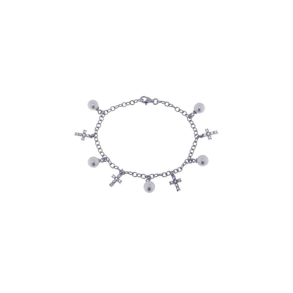 925 Silver Rhodium Plated Pearl Cross Clear CZ Charm Bracelet