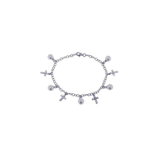 925 Silver Rhodium Plated Pearl Cross Clear CZ Charm Bracelet