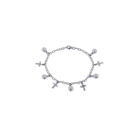 925 Silver Rhodium Plated Pearl Cross Clear CZ Charm Bracelet