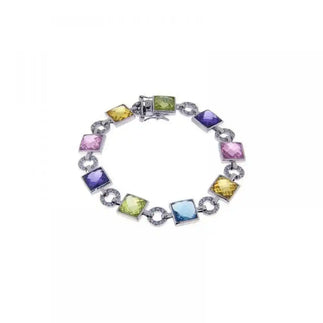 925 Sterling Silver Rhodium Plated Multi Color Square and Circle Bracelet