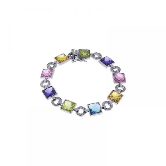 925 Sterling Silver Rhodium Plated Multi Color Square and Circle Bracelet