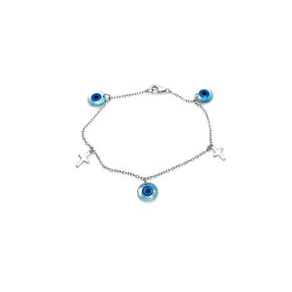 925 Silver Rhodium Plated Cross and Evil Eye Charm Bracelet