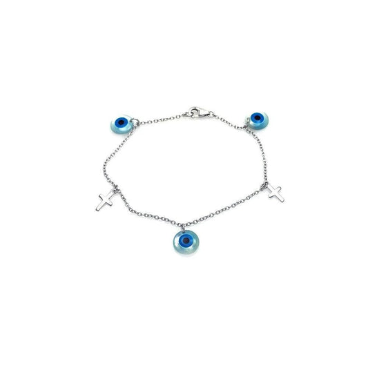 925 Silver Rhodium Plated Cross and Evil Eye Charm Bracelet