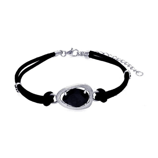 925 Silver Clearance-Rhodium Plated Black CZ Black Leather Cord Bracelet