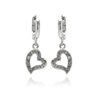 925 Silver Rhodium Plated Open Heart Clear CZ Dangling huggie hoop Earrings