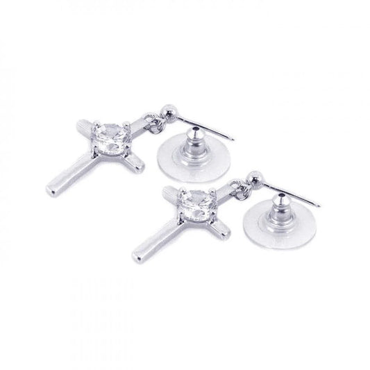 925 Silver Rhodium Plated Cross Clear CZ Dangling Stud Earrings