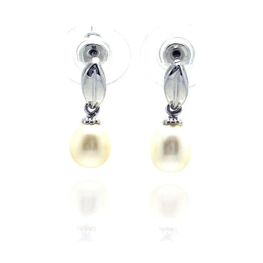 925 Silver Rhodium Plated Leaf Marquise Fresh Water Pearl Dangling Stud Earrings