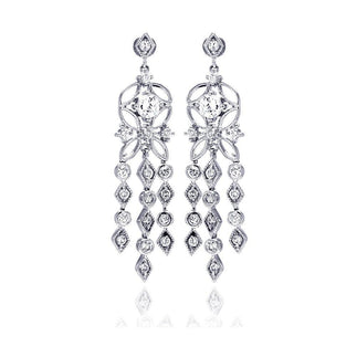 925 Silver Rhodium Plated Star Round Marquis CZ Three Strand Dangling Stud Chandelier Earrings