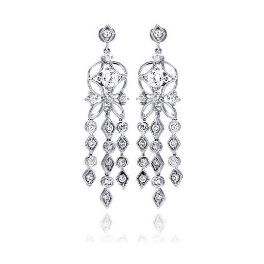 925 Silver Rhodium Plated Star Round Marquis CZ Three Strand Dangling Stud Chandelier Earrings
