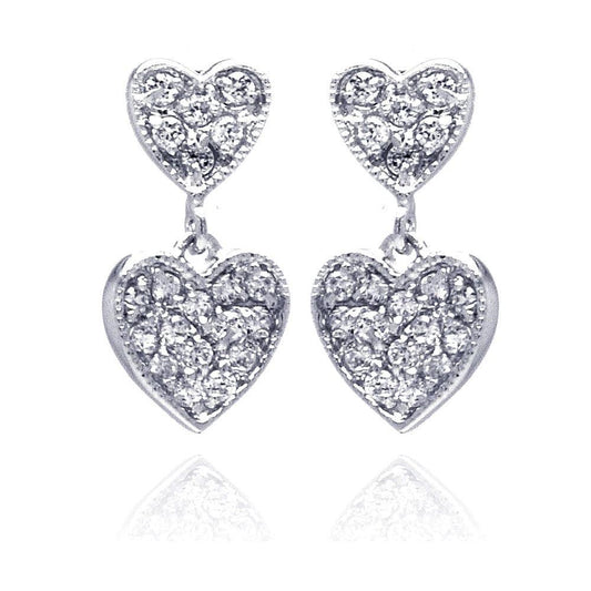 925 Silver Rhodium Plated Graduated Two Heart CZ Inlay Dangling Stud Earrings