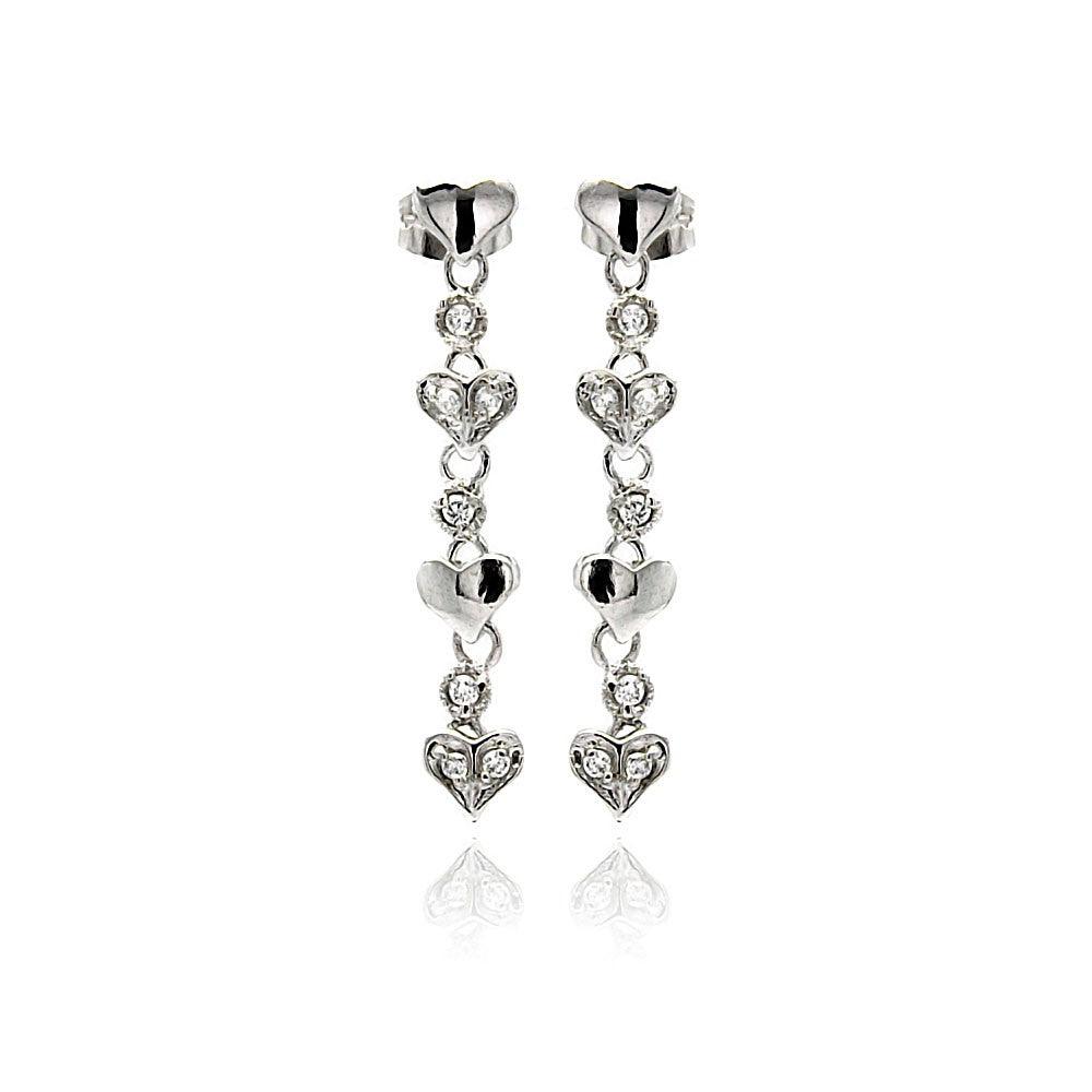 925 Silver Rhodium Plated Multiple Heart Round CZ Dangling Stud Earrings