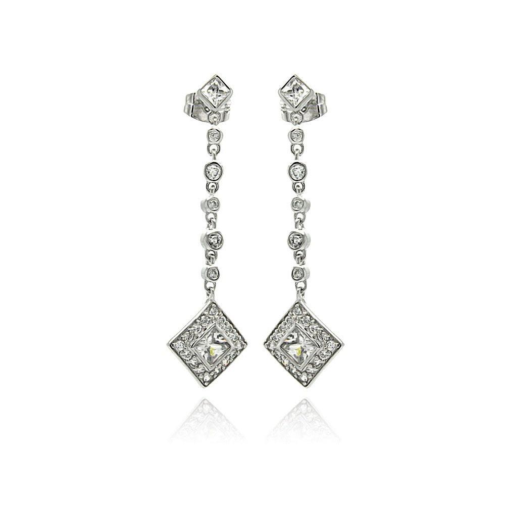 925 Silver Rhodium Plated Square Round CZ Dangling Stud Earrings