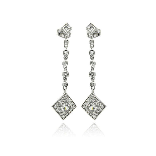 925 Silver Rhodium Plated Square Round CZ Dangling Stud Earrings