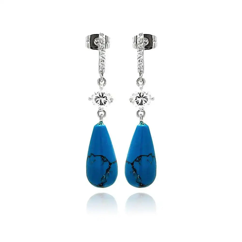 925 Sterling Silver Rhodium Plated Micro Pave CZ Teardrop Turquoise Dangling Stud Earrings