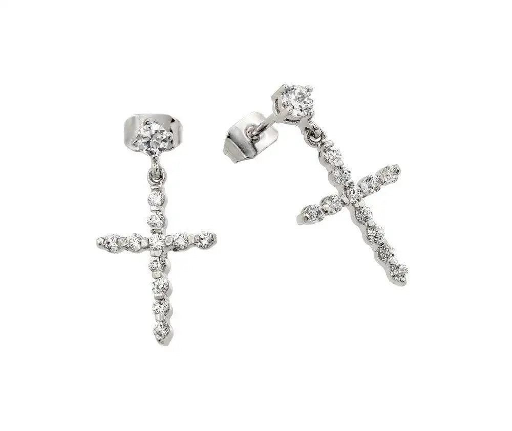 925 Sterling Silver Rhodium Plated Cross CZ Dangling Earrings