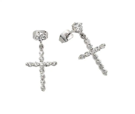 925 Sterling Silver Rhodium Plated Cross CZ Dangling Earrings