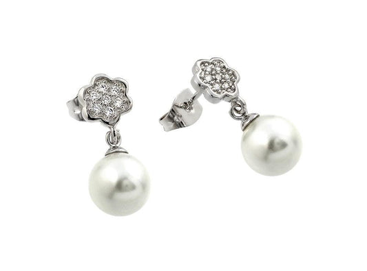 925 Silver  Rhodium Plated Flower CZ Inlay Dangling Pearl Stud Earrings