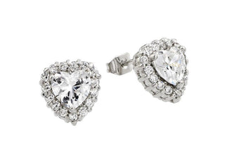 925 Silver Rhodium Plated Clear Heart CZ Stud Earrings