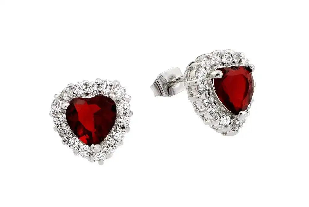 925 Sterling Silver Rhodium Plated Red Heard CZ Stud Earrings