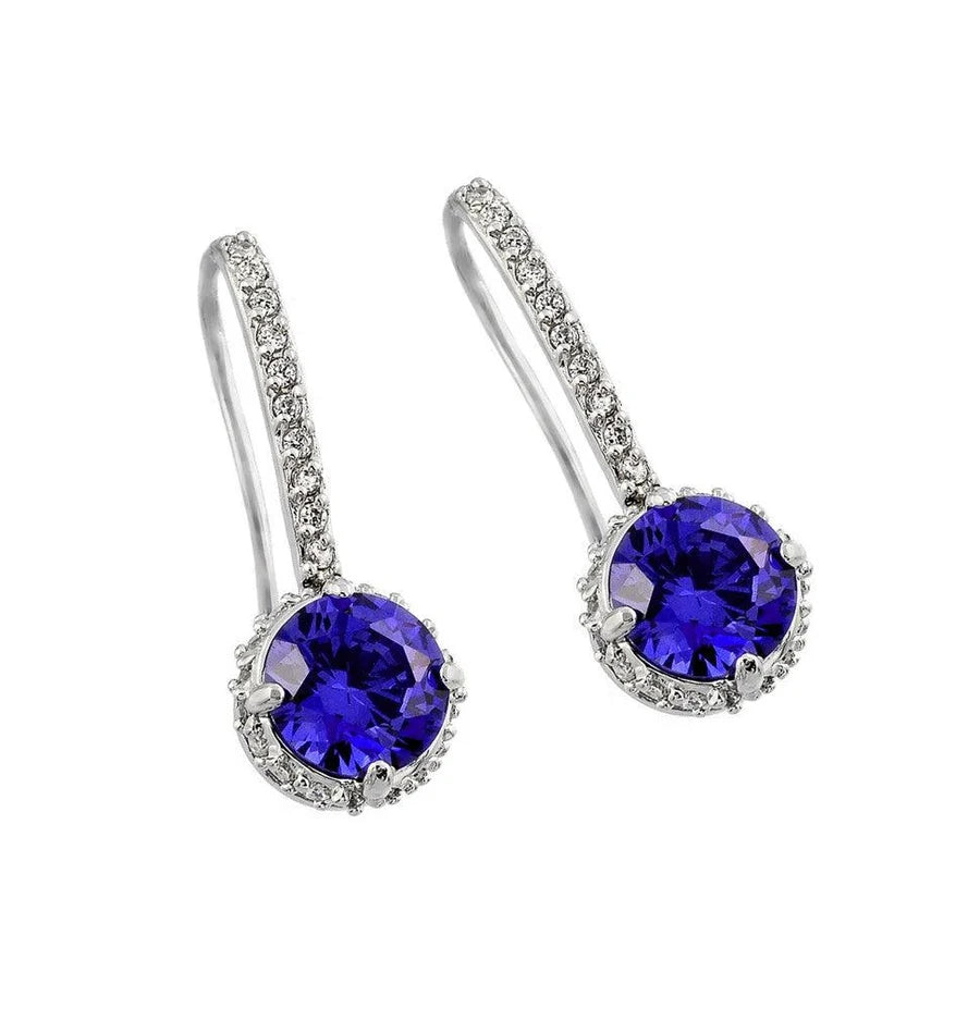 925 Silver Rhodium Plated Round Purple CZ Hook Earrings