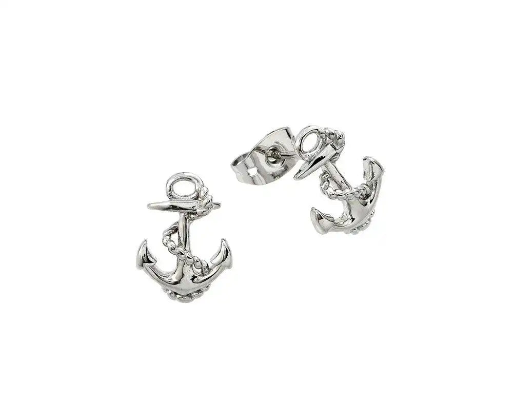 925 Sterling Silver Rhodium Anchor Stud Earrings